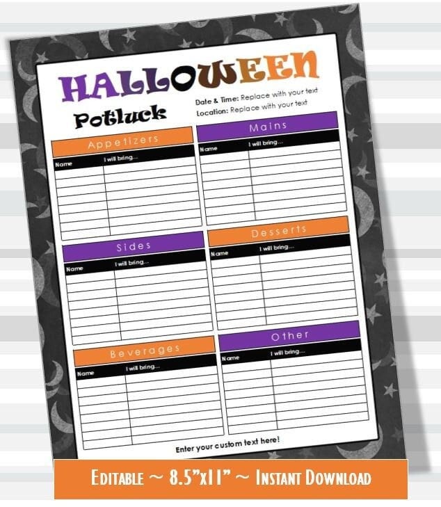 Halloween Printable Potluck Sign-up Sheet, EDITABLE, Microsoft Excel, 8 ...