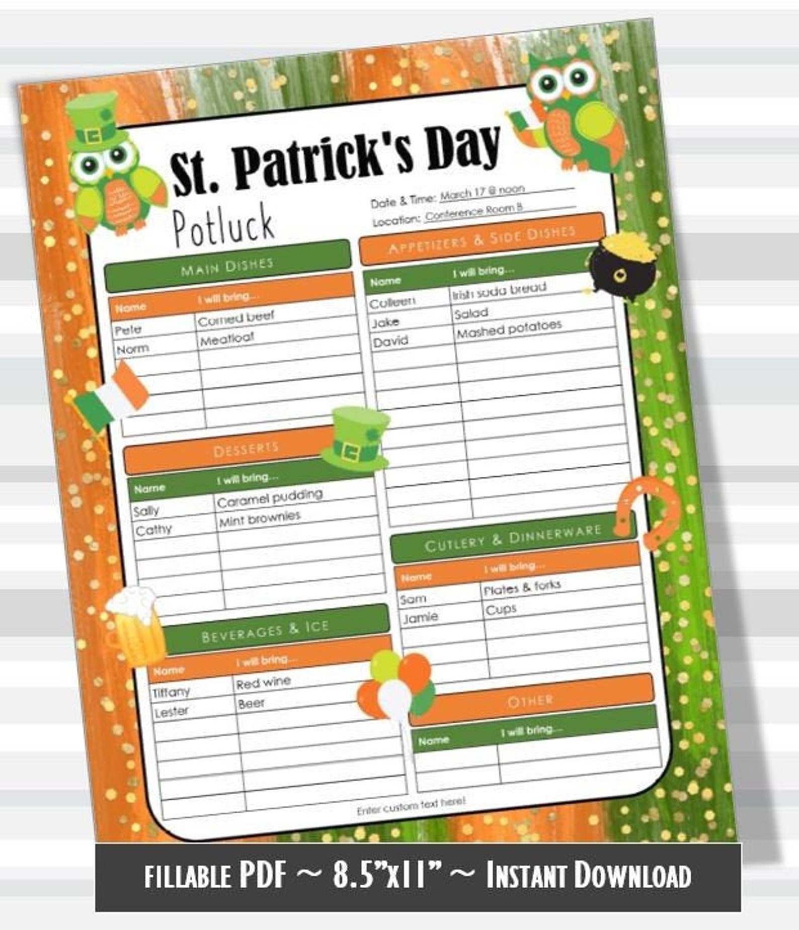 St. Patrick's Day Printable Potluck Signup Sheet 8.5x11 Etsy