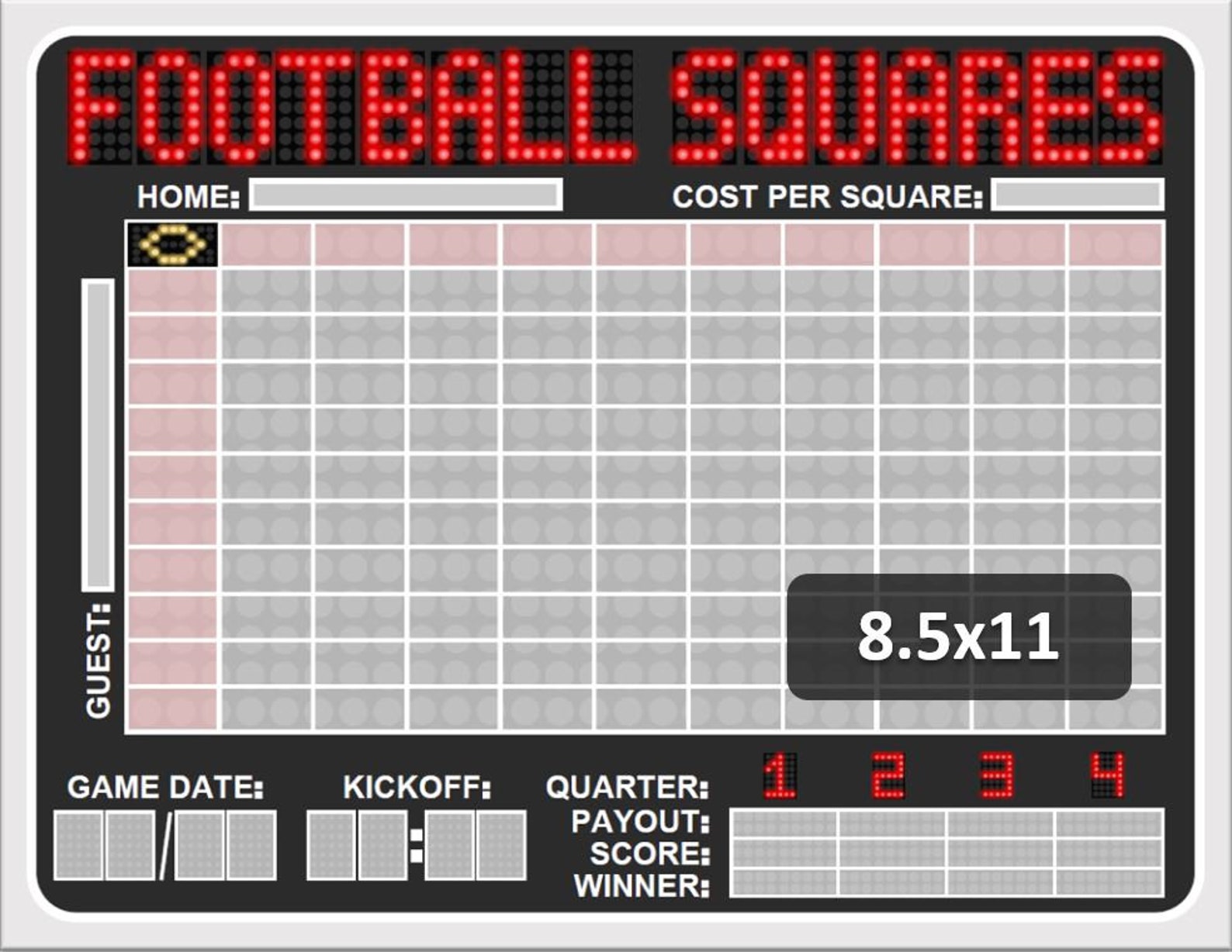 Football Squares Printable Template, Scoreboard Design, Office Pool