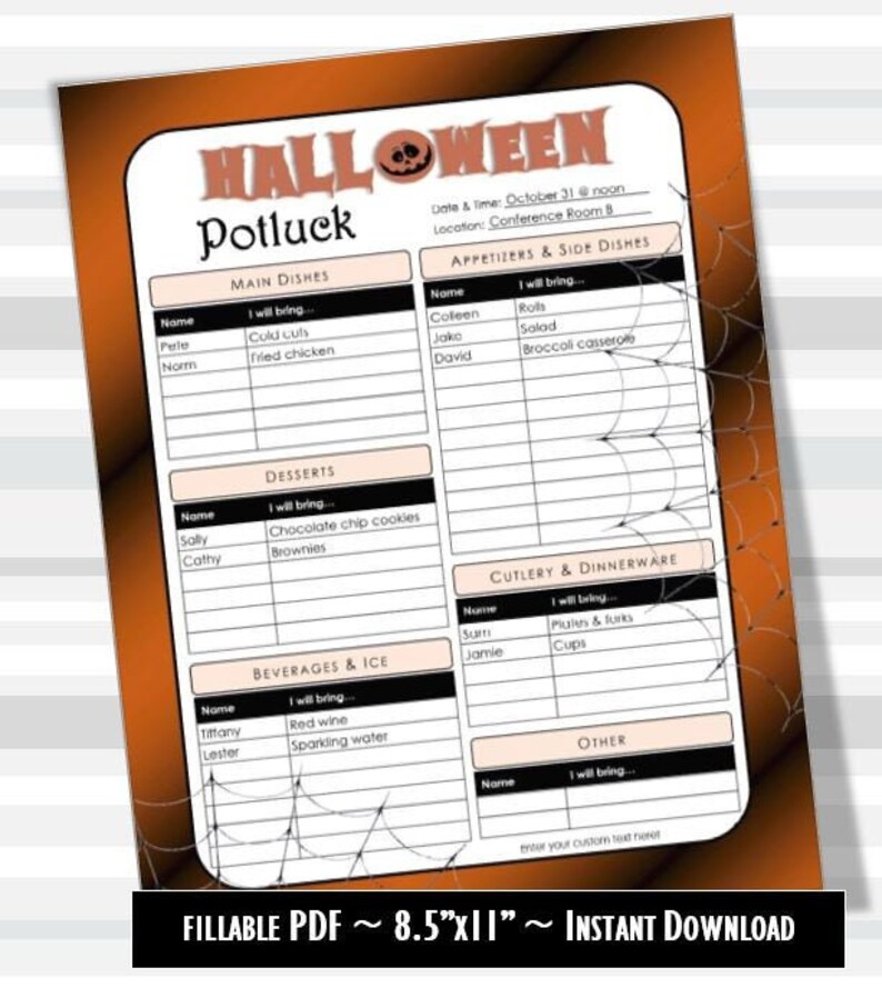 Halloween Potluck Printable Signup Sheet 8.5x11 PDF Office Etsy