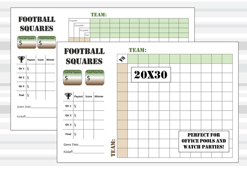 20x30 Football Squares Printable Template, Office Pool, Instant ...