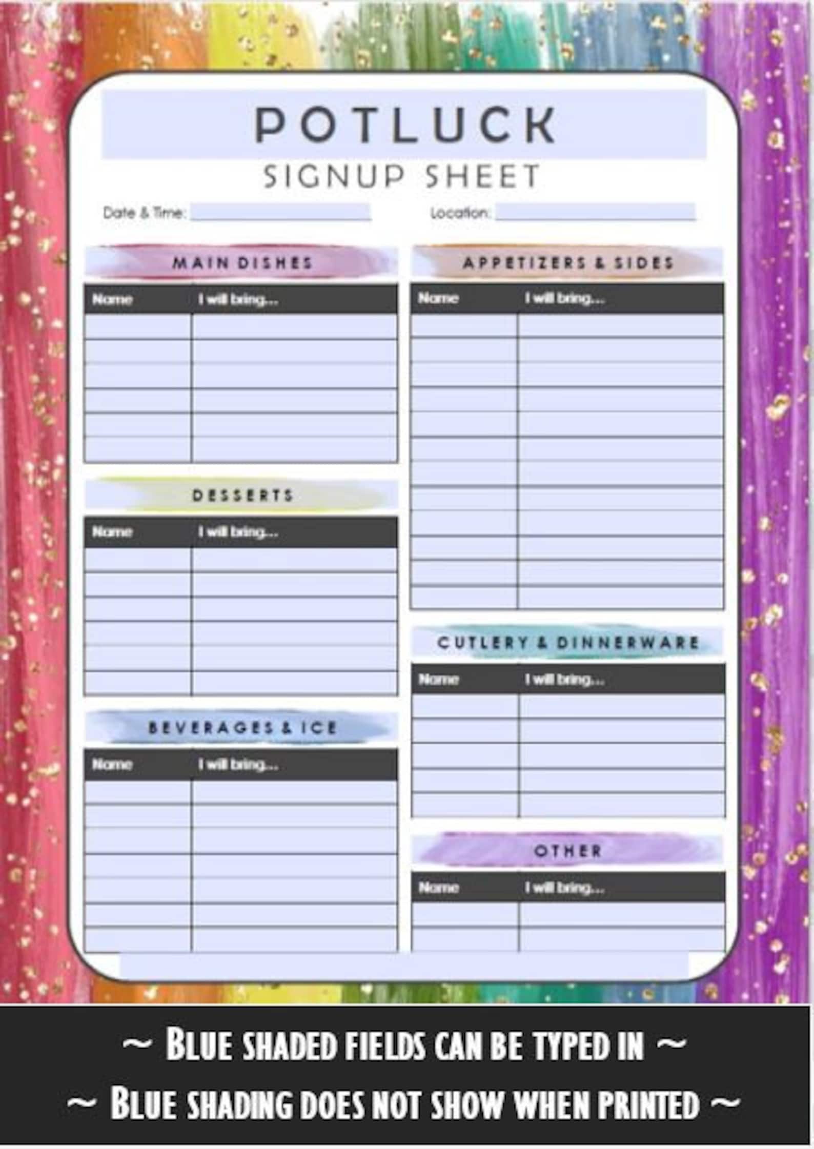 Printable Potluck Sign-up Sheet Rainbow, 8.5x11 Fillable PDF, Holiday ...