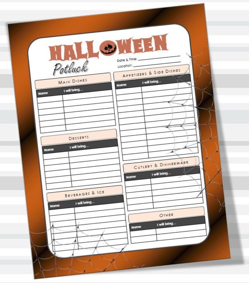 Halloween Potluck Printable SignUp Sheet 8.5x11 PDF Office Etsy