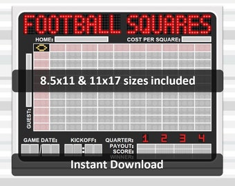 Football Squares printable template, scoreboard design, office pool, party game, instant download PDF/JPG, 8.5x11 & 11x17