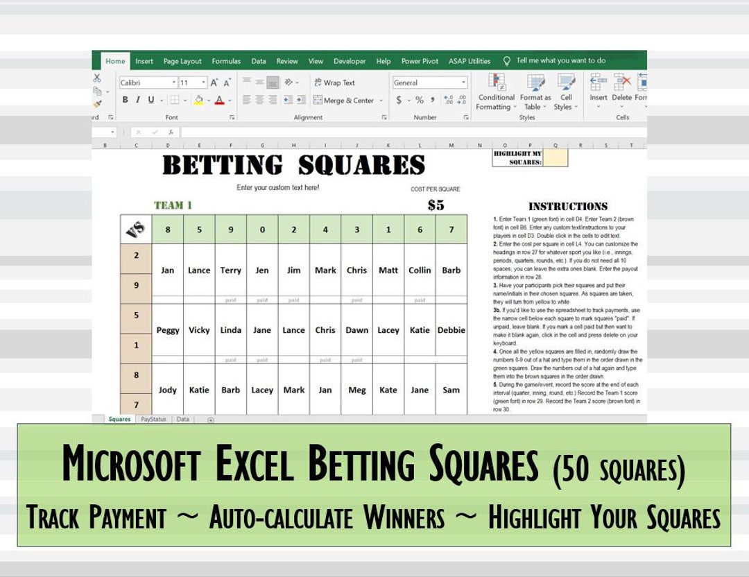 50square Betting Squares Excel Template Reusable Editable Etsy