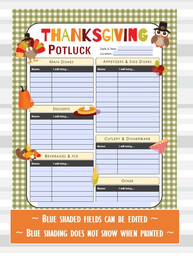 Thanksgiving Potluck Sign Up Sheet Printable Template Potluck Etsy ...