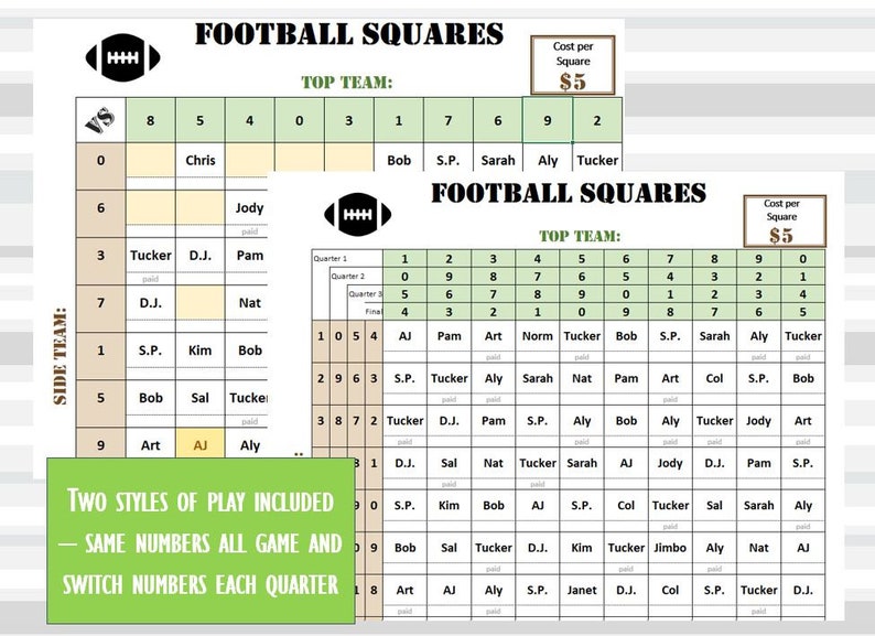 Football Squares Excel Template Reusable Editable Etsy