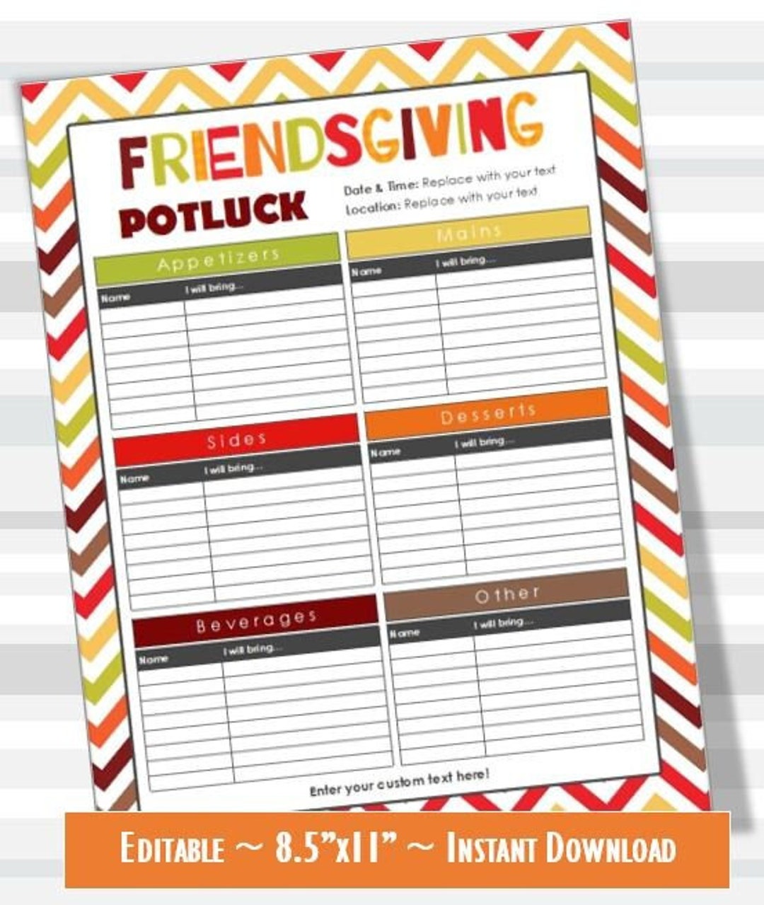 Friendsgiving Printable Potluck Signup Sheet, EDITABLE, Microsoft Friendsgiving Printable Potluck Signup Sheet, EDITABLE, Microsoft