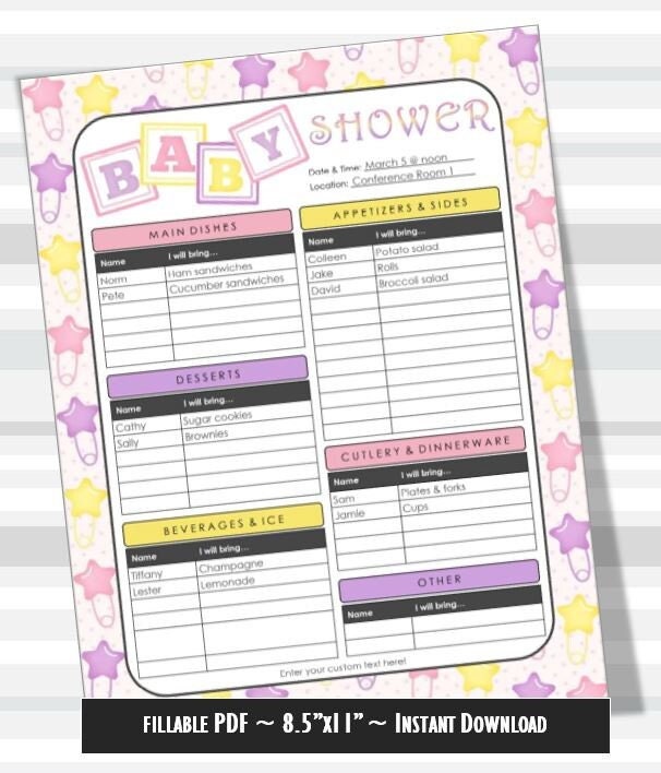 Baby Shower Printable Potluck Signup Sheet, 8.5x11 Fillable PDF, Pink
