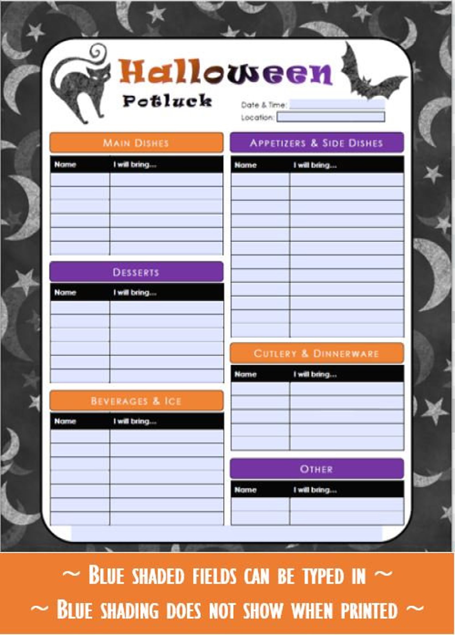 Halloween Printable Potluck SignUp Sheet 8.5x11 fillable Etsy