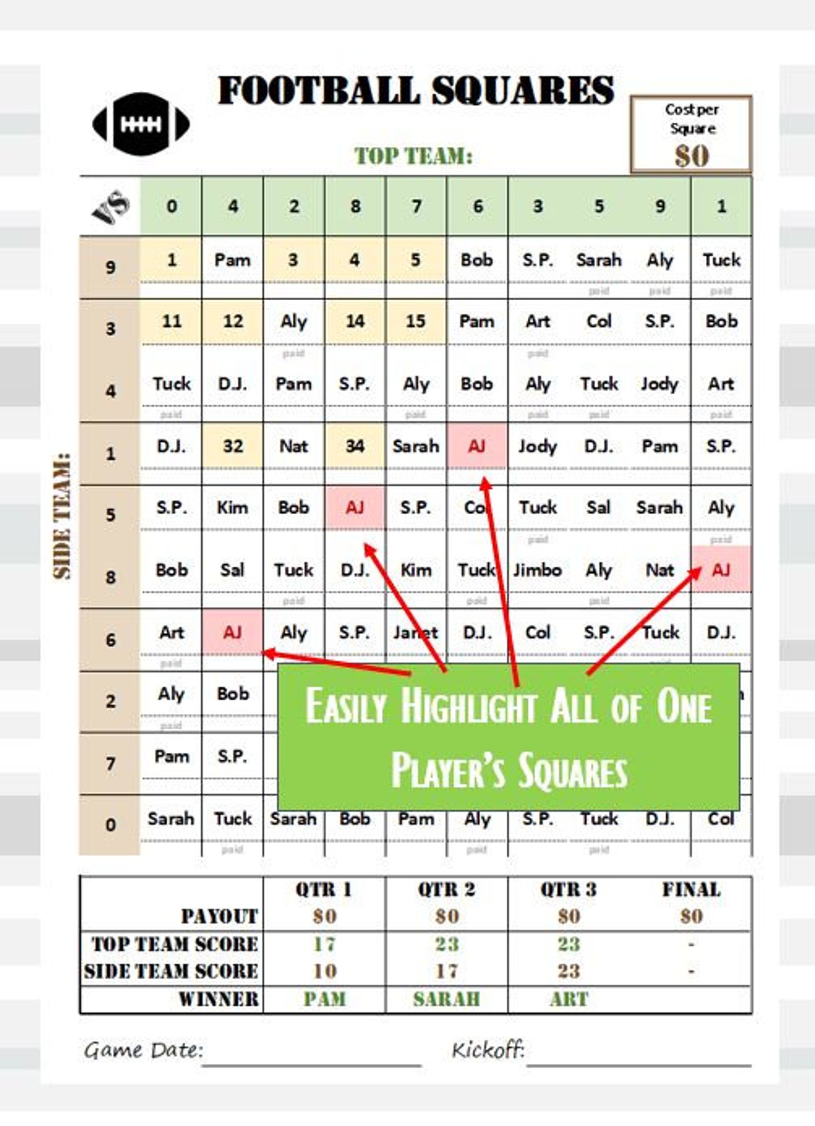 Football Squares Excel Template Reusable Editable Etsy