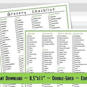 May include: A double-sided grocery checklist with sections for vegetables, fruit, condiments, and frozen foods. The checklist includes a variety of items to choose from. The text "INSTANT DOWNLOAD ~ 21.6cm x 28cm ~ DOUBLE-SIDED ~ EDITABLE" is at the bottom.