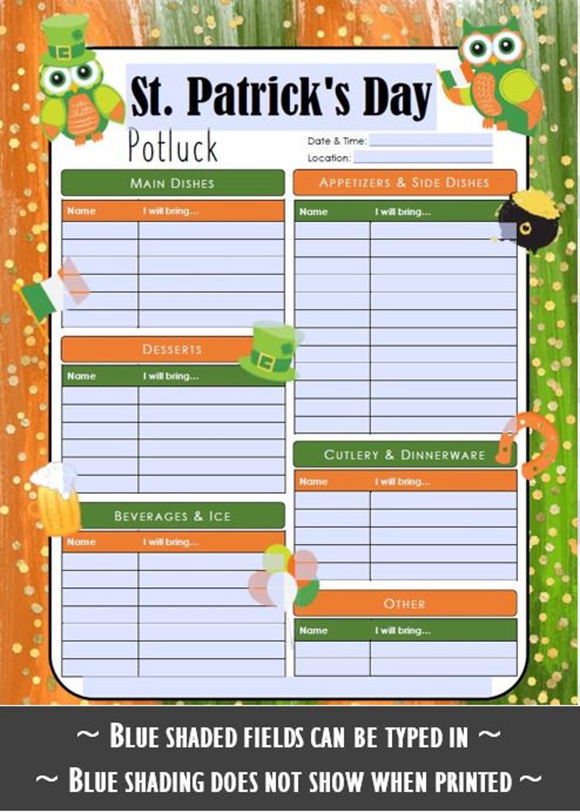 St. Patrick's Day Printable Potluck Signup Sheet 8.5x11 Etsy