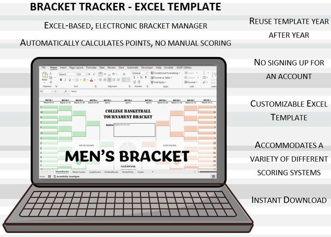 March Bracket Madness MEN'S TOURNAMENT Automatic Bracket Scoring Excel ...