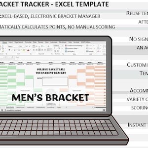March Bracket Madness MEN'S TOURNAMENT Automatic Bracket Scoring Excel Template, Editable Bracket Manager, 2026 College Basketball Tourney