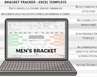 TURNIEJ MĘŻCZYZN March Bracket Madness Automatyczny szablon arkusza wyników w programie Excel, edytowalny menedżer arkuszy, turniej koszykówki uniwersyteckiej 2026
