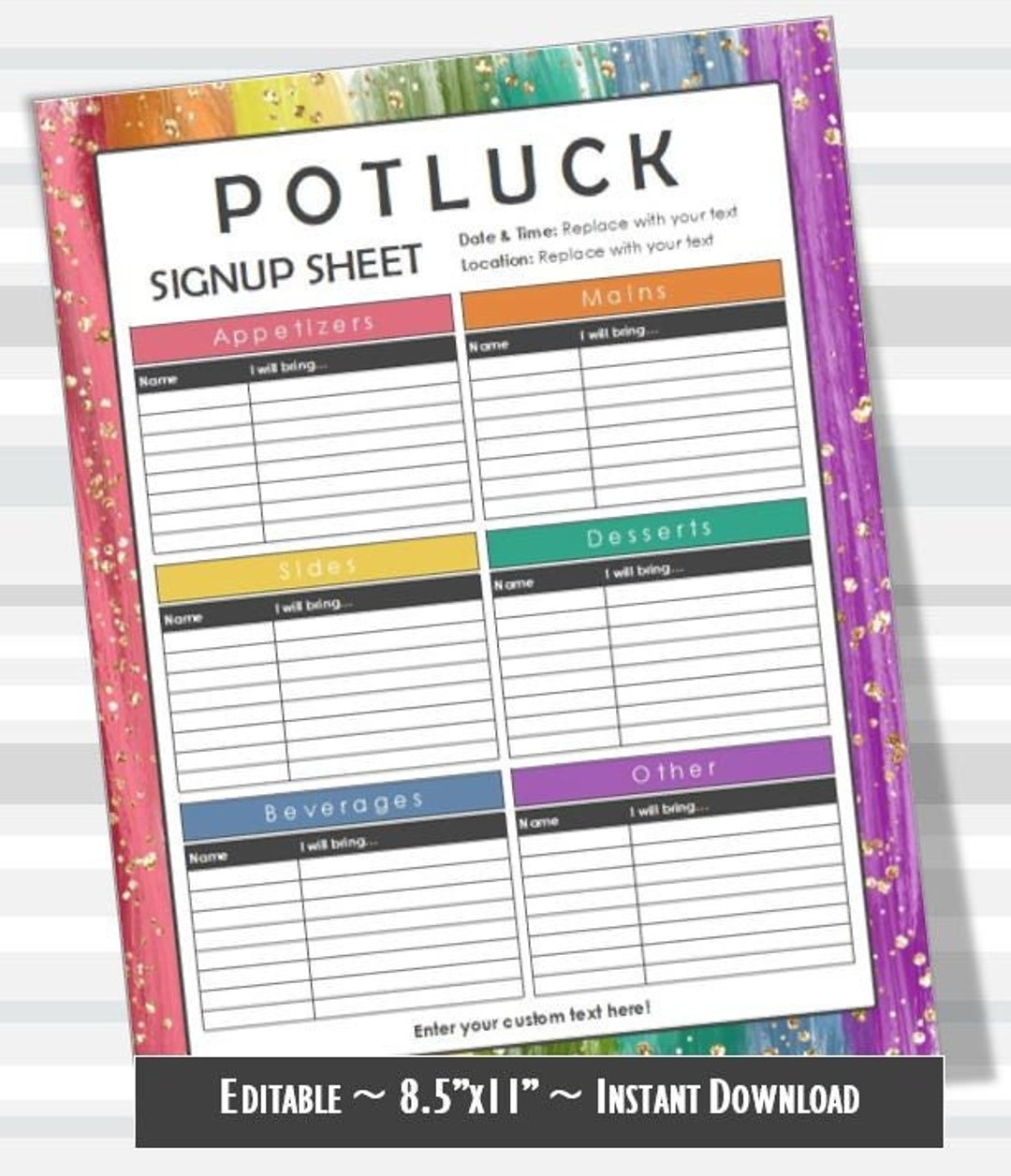 Potluck Signup Sheet, EDITABLE, Printable, Holiday, Retirement Potluck Signup Sheet, EDITABLE, Printable, Holiday, Retirement