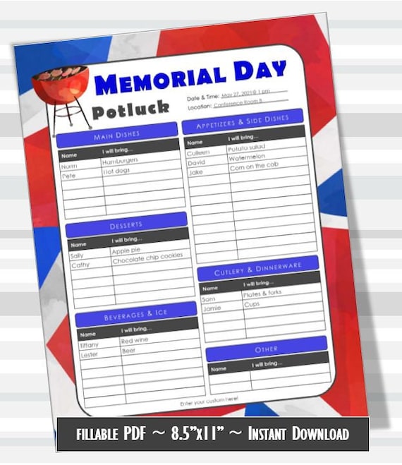 Memorial Day Printable Potluck Signup Sheet BBQ 8.5x11 Etsy