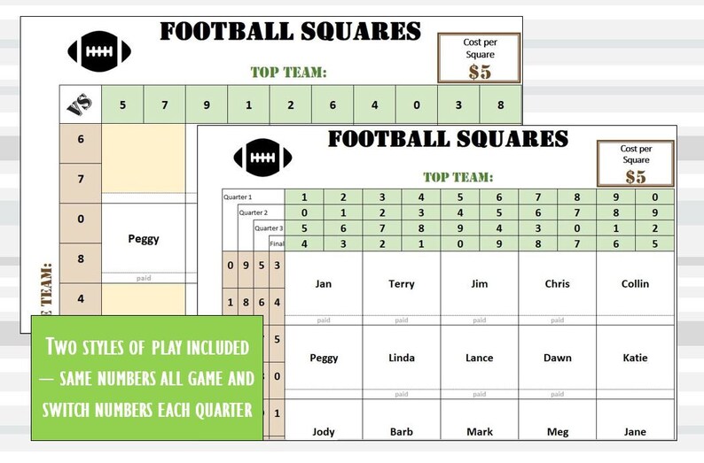 25 Square Football Squares Excel Template, Reusable, Editable, Autocalculate Winners, Microsoft