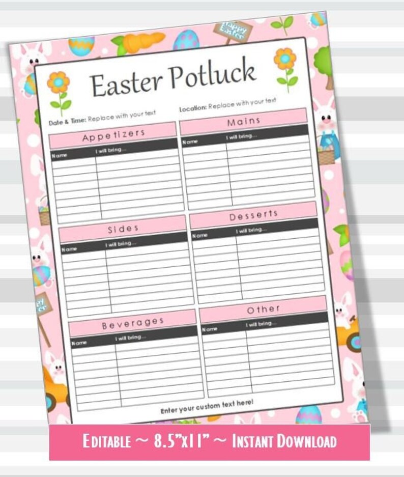 Easter Printable Potluck Sign-Up Sheet, EDITABLE, Microsoft Excel, 8.5x11, Family, Office, Holiday, Instant Download, Spring image 1