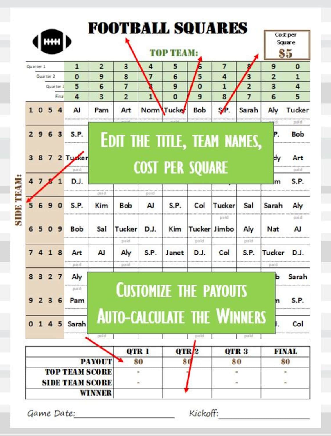 Football Squares Excel Template, Reusable, Editable, Autocalculate