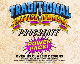 Procreate Power Pack 113+ Traditionelle Tattoo Designs