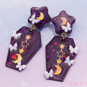 Burgundy and White Star and Coffin UV Resin Earrings