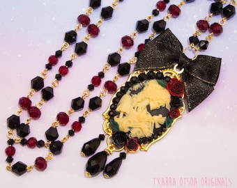 Black and Red Skeleton and Rose Cameo Necklace
