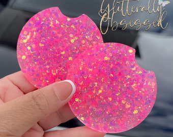 Pink Glitter Car Coasters, Pink Car Accessories, Glitter Coaster, Car Cupholder, Two Piece Set, Gifts for Her, New Car Present