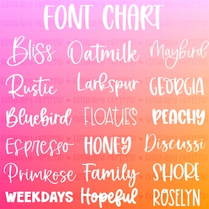 May include: A font chart with various font styles in white text against a gradient background of pink, orange, and yellow. The words "FONT CHART" are at the top, with font names like "Bliss" and "Oatmilk" below.