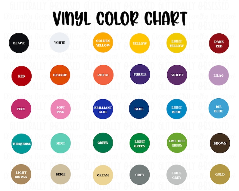May include: A vinyl color chart with a variety of colors, including black, white, red, orange, and yellow. The chart also features shades of pink, blue, green, and brown. The text "VINYL COLOR CHART" is at the top.