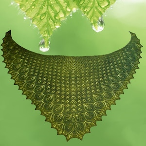 Peut inclure: Un châle en crochet vert avec un motif de dentelle délicat, rappelant des feuilles. Le châle est drapé sur un fond vert avec des gouttelettes d'eau.