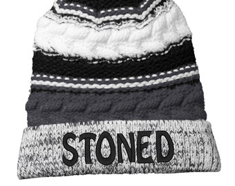 Pom Pom Knit Beanie "Stoned" Black/White/Grey