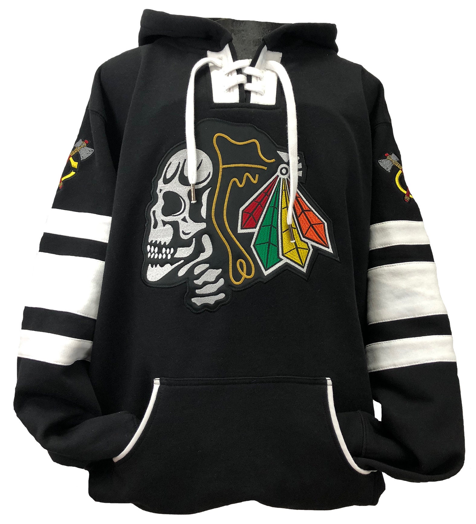 Fear The Feathers Game Day Chicago Hockey Hoodie Black White (Small)