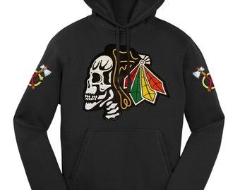 Fear The Feathers Skull Chicago Hockey Embroidered Hoodie