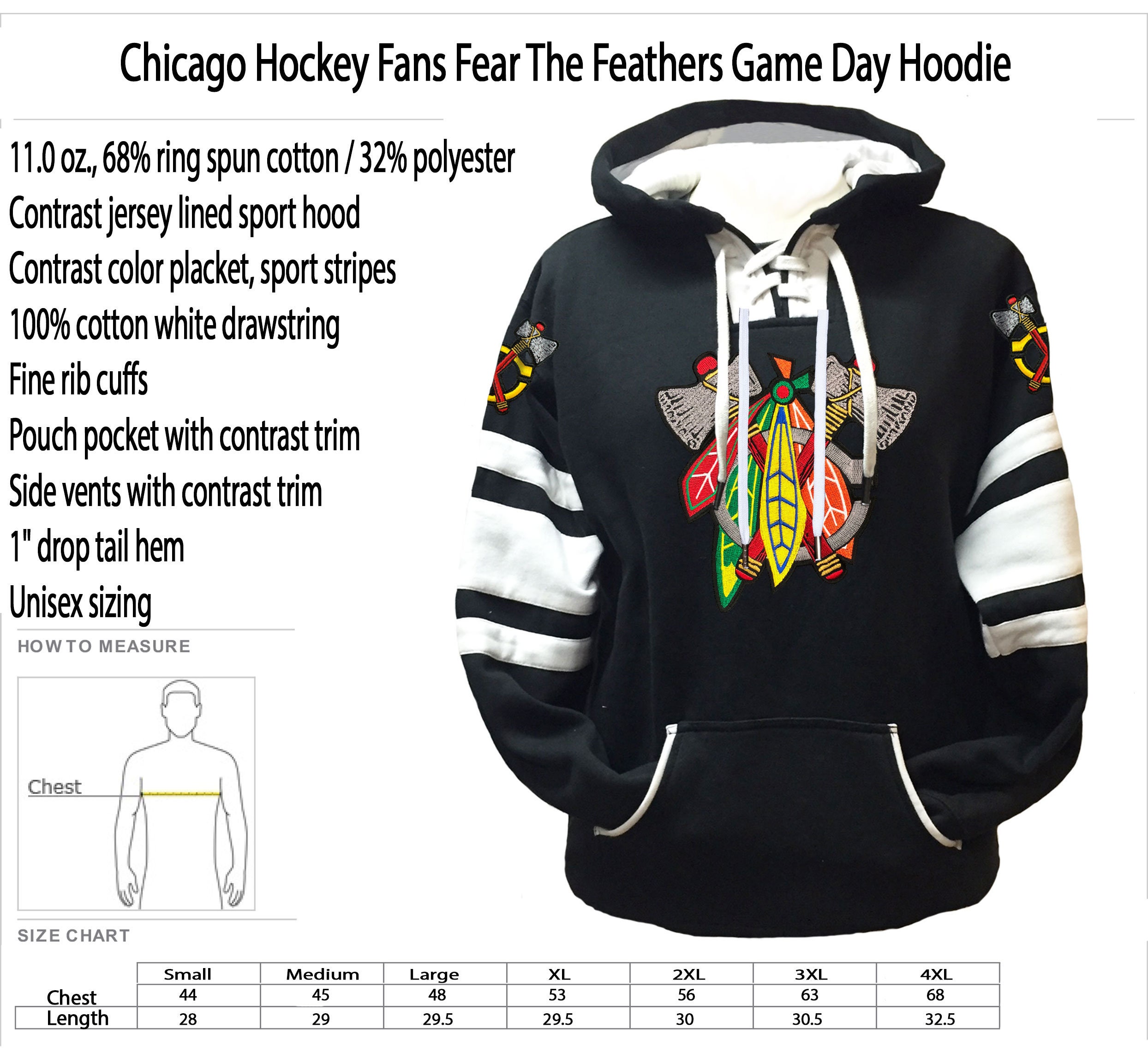  Fear The Feathers Game Day Blackhawk Hockey Hoodie Black Red  (Large) : Handmade Products
