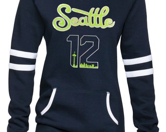 Seattle Script Sequin Bling Varsity Crew Neck Sweatshirt