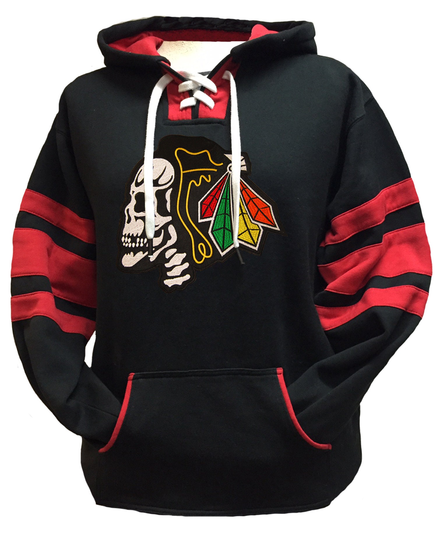 Fear The Feathers Skull Game Day Chicago Hockey Hoodie Black White (Small)