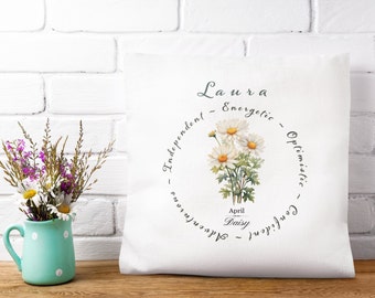 Personalised Birth Flower Cushion - Daisy Flowers - April Birthday Gift - Floral design birthday