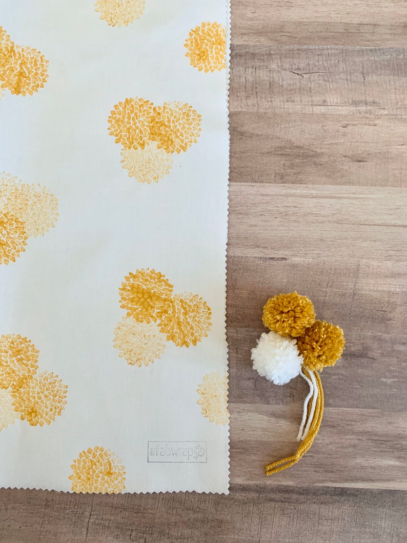 Fabric Gift Wrap Pom Pom / Furoshiki / Eco-Friendly / Reusable Wrap / Wrapping / Holiday / Mustard Yellow / Birthday / Anniversary / Gift Mustard