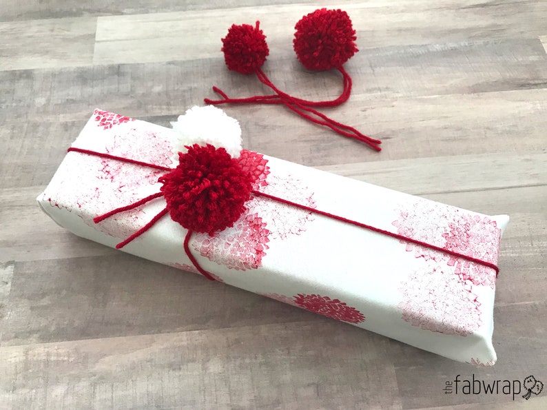 Fabric Gift Wrap Pom Pom / Furoshiki / Eco-Friendly / Reusable Wrap / Wrapping / Holiday / Mustard Yellow / Birthday / Anniversary / Gift Red