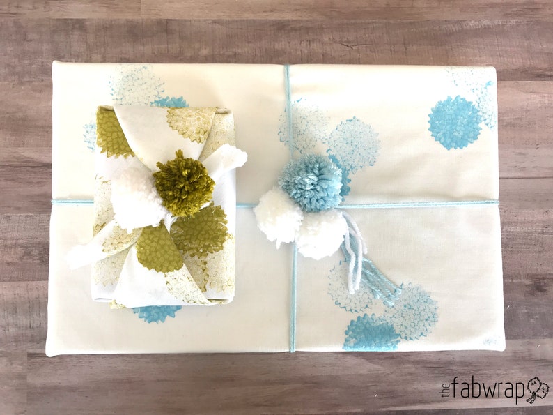 Fabric Gift Wrap Pom Pom / Furoshiki / Eco-Friendly / Reusable Wrap / Wrapping / Holiday / Mustard Yellow / Birthday / Anniversary / Gift Light Blue