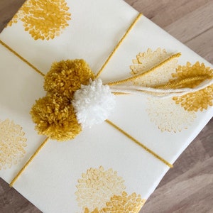 Fabric Gift Wrap Pom Pom / Furoshiki / Eco-Friendly / Reusable Wrap / Wrapping / Holiday / Mustard Yellow / Birthday / Anniversary / Gift image 1