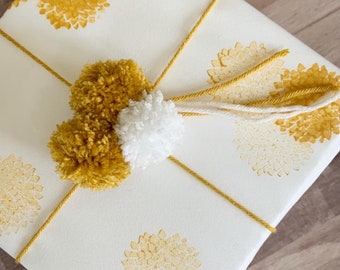 Fabric Gift Wrap - Pom Pom / Furoshiki / Eco-Friendly / Reusable Wrap / Wrapping / Holiday / Mustard Yellow / Birthday / Anniversary / Gift