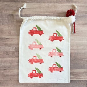 Cotton Gift Bag - Vintage Red Truck / Christmas Gift Bag / Santa Bag / Drawstring Bag / Reusable Gift Bag / Holiday Bag / Eco Friendly