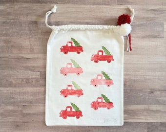 Cotton Gift Bag - Vintage Red Truck / Christmas Gift Bag / Santa Bag / Drawstring Bag / Reusable Gift Bag / Holiday Bag / Eco Friendly