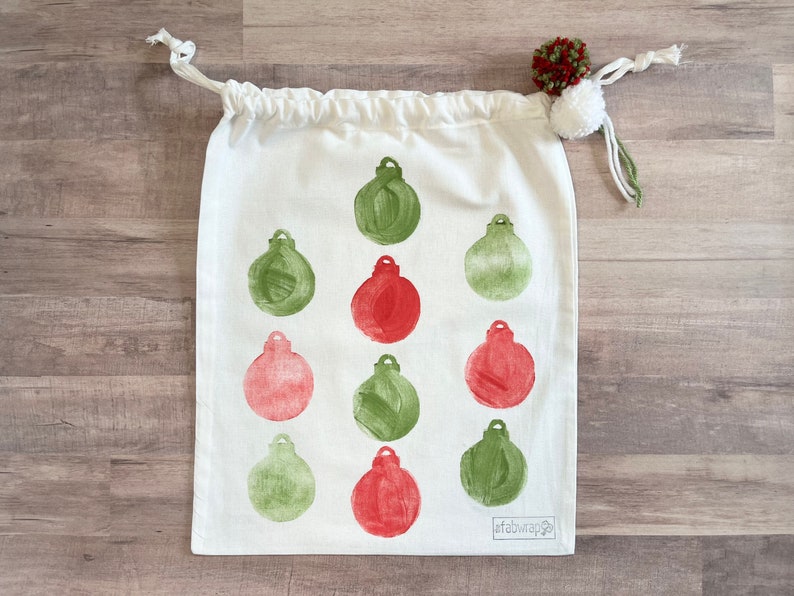 Fabric Gift Bag Christmas / Reusable Bag / Drawstring Bag / Cotton / Christmas Gift Bag / Santa Bag / Vintage Truck / Xmas Tree / Baubles Red & Green Ornament