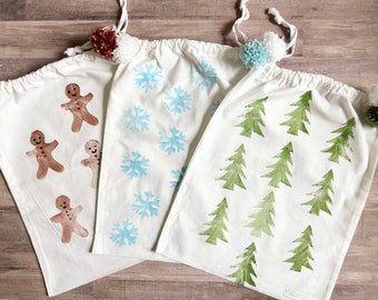 Cotton Gift Bag Bundle - Christmas / Gingerbread / Christmas Tree / Snowflake / Reusable Gift Bag / Santa Bag / Drawstring Bag / Eco Gift