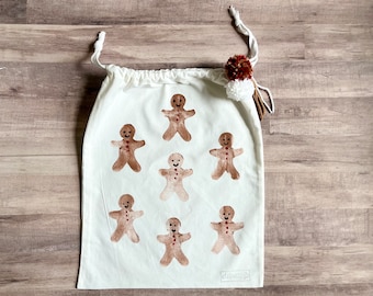 Cotton Gift Bag - Gingerbread Man / Reusable Gift Bag / Holiday Gift Wrap / Eco Holiday / Santa Bag / Drawstring Bag