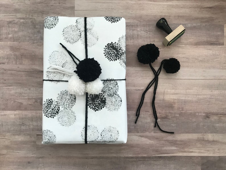 Fabric Gift Wrap Pom Pom / Furoshiki / Eco-Friendly / Reusable Wrap / Wrapping / Holiday / Mustard Yellow / Birthday / Anniversary / Gift Black